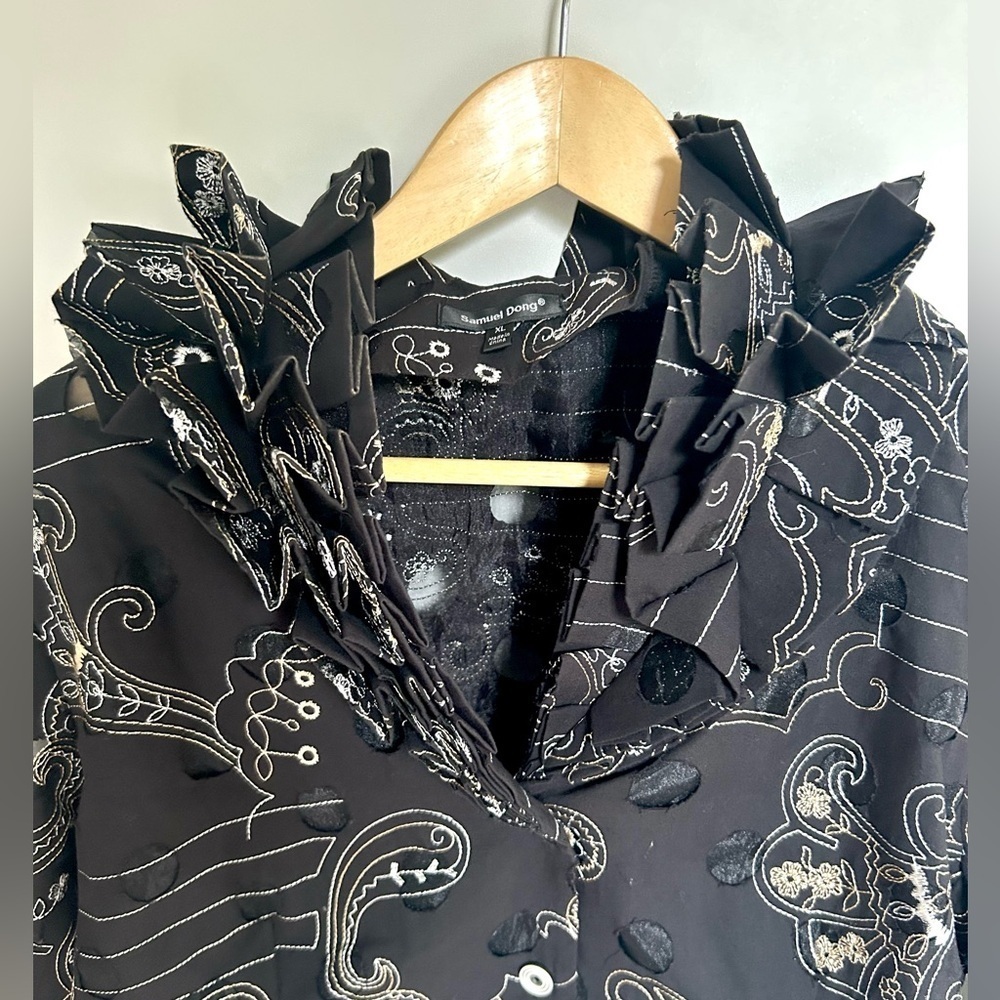 Samuel Dong  Ruffled neck Button Jacket Artsy Textured Blouse - Picture 3 of 11